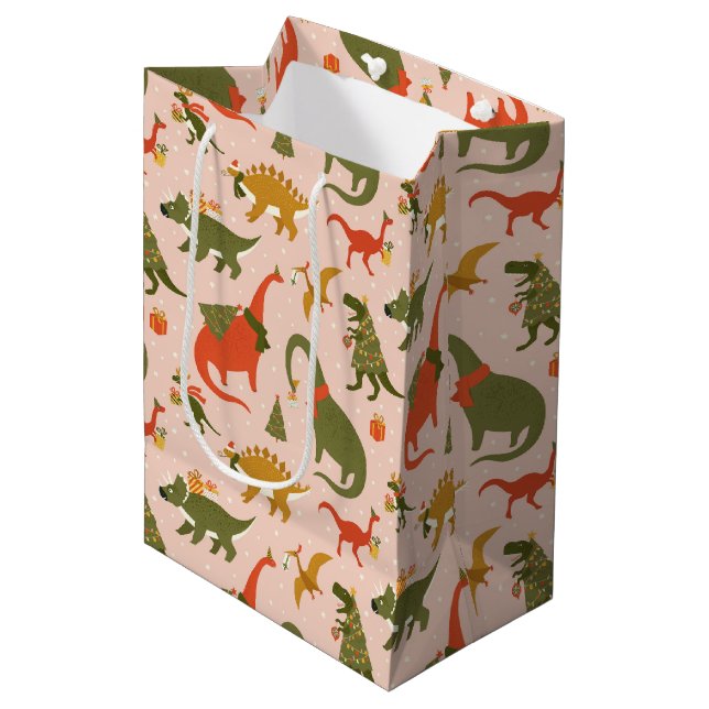 Sac Cadeau Moyen Festif Dinosaur sapin de Noël Motif de vacances (Devant Angle)