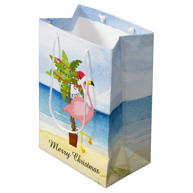 Sac Cadeau Moyen Festif Noël rose flamingo ajouter du texte (Devant Angle)