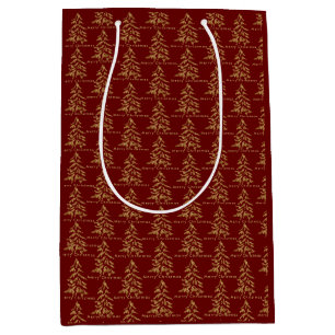 Sac Cadeau Moyen Festif Red Burgundy Gold Trees Joyeux Noël
