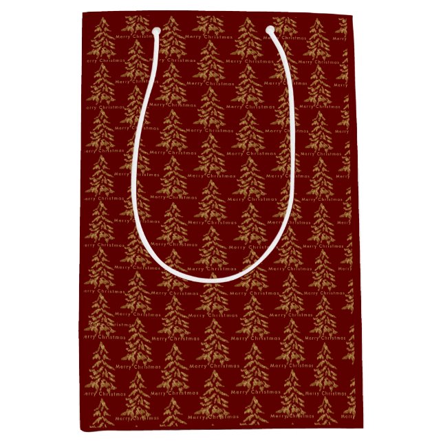 Sac Cadeau Moyen Festif Red Burgundy Gold Trees Joyeux Noël (Devant)