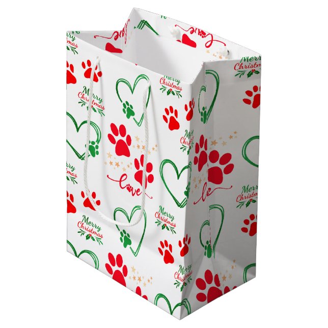 Sac Cadeau Moyen Festive DOG PAW PRINTS and LOVE HEARTS Christmas (Devant Angle)