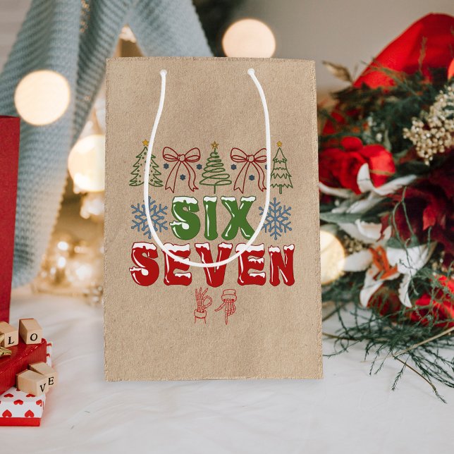 Sac Cadeau Moyen Festive Meme "Six Seven" 6 7 Xmas Kraft (Créateur téléchargé)