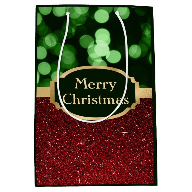 Sac Cadeau Moyen Festive Parties scintillant rouge et Green Bokeh N (Devant)
