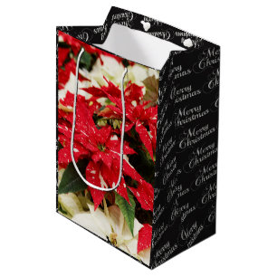 Sac Cadeau Moyen Festive Rouge Blanc Floral Poinsettia Fleurs