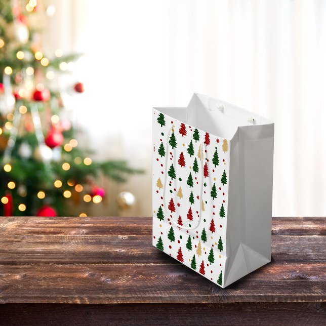 Sac Cadeau Moyen Festive Xmas Tree Pattern Red, Green & Gold (Créateur téléchargé)