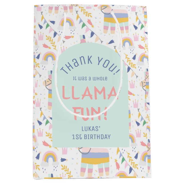 Sac Cadeau Moyen Fête d'anniversaire de Llamas & Rainbows Merci (Devant)