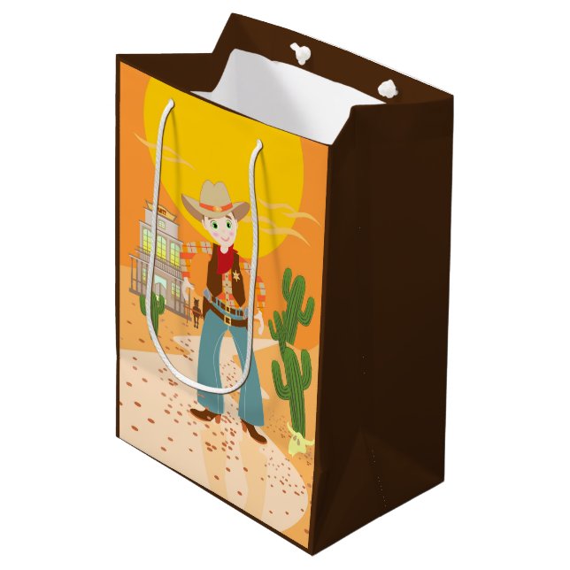 Sac Cadeau Moyen Fête d'anniversaire d'enfant de cowboy (Devant Angle)