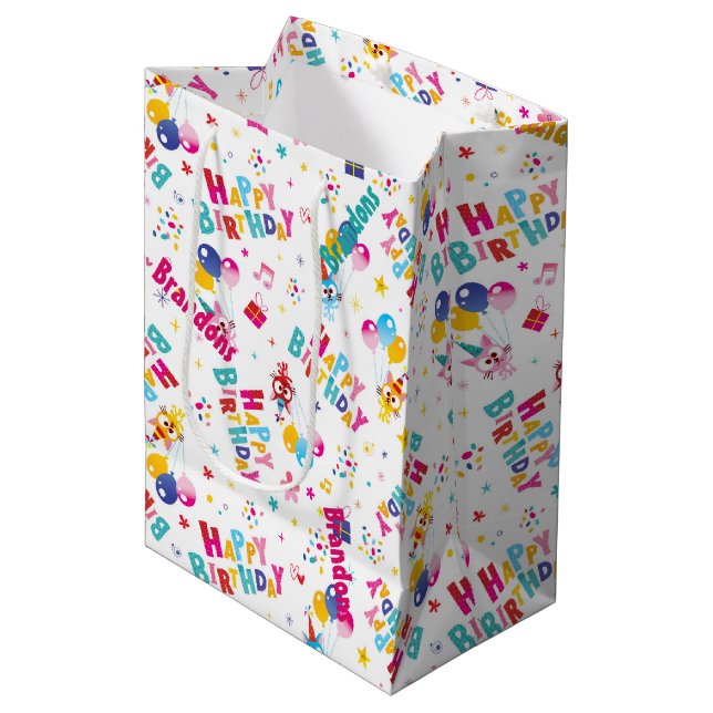 Sac Cadeau Moyen Fête d'anniversaire pour enfants Nom personnalisé (Devant Angle)