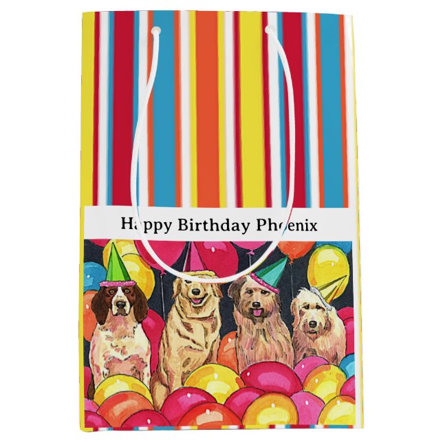 Sac Cadeau Moyen Fête de Chien Stripes colorées Personnalisées (Devant)