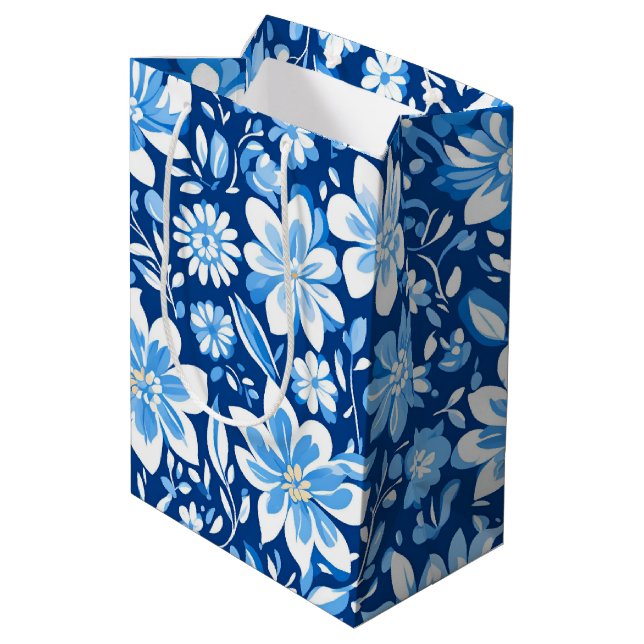 Sac Cadeau Moyen Fête de fleurs de chinoiserie Blue White moderne (Dos Angle)