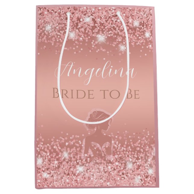 Sac Cadeau Moyen Fête de mariage élégante rose doré avec paillettes (Devant)