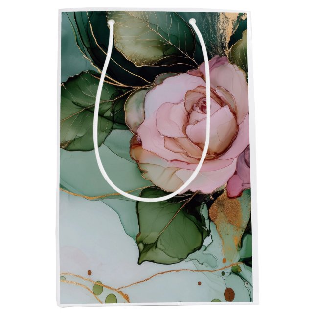 Sac Cadeau Moyen Fête de mariage florale rose rose or blanc romanti (Devant)