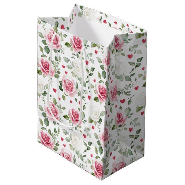 Sac Cadeau Moyen Fête de mariage Rose Floral Hearts (Devant Angle)