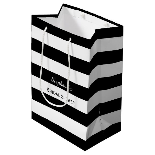 Sac Cadeau Moyen Fête des mariées à rayures noir et blanc (Devant Angle)