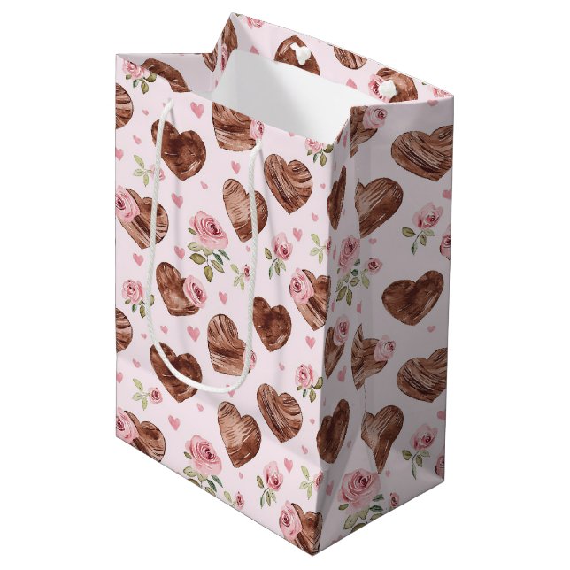Sac Cadeau Moyen Fête des mariées Coeurs Floraux Rose rose Brown (Devant Angle)