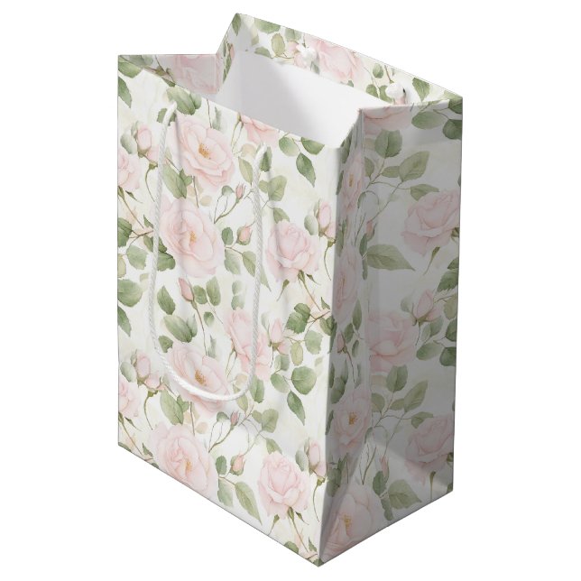 Sac Cadeau Moyen Fête des mariées de fleurs blanches rose (Devant Angle)