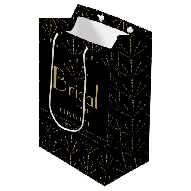 Sac Cadeau Moyen Fête des mariées élégante Art Déco Black Gold Fans (Devant Angle)