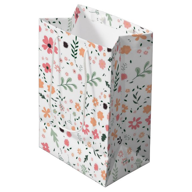 Sac Cadeau Moyen Fête Fête Fille Rose Colorée Fleurs (Devant Angle)