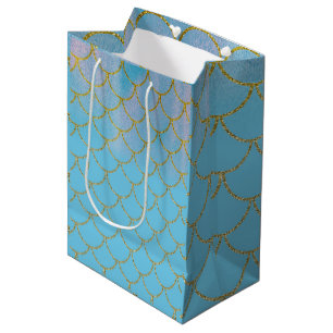 Sac Cadeau Moyen Fête Sirène Iridescente Bleue et Or avec Reflets