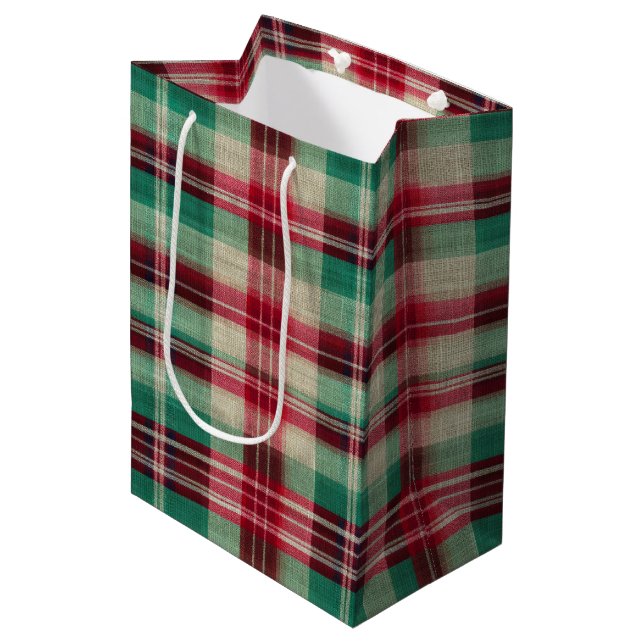 Sac Cadeau Moyen Fêtes Crème Rouge Vert Trappe Plaid (Devant Angle)