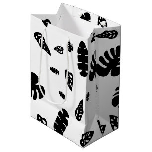 Sac Cadeau Moyen Feuille d'été noir et blanc Tropical Motif