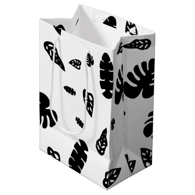 Sac Cadeau Moyen Feuille d'été noir et blanc Tropical Motif (Devant Angle)