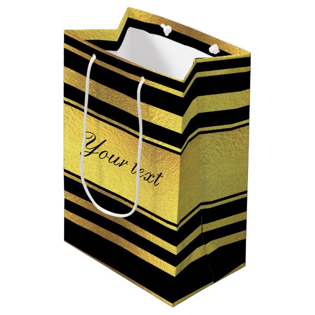 Sac Cadeau Moyen Feuille d'or chique de Faux et rayures noires (Devant Angle)