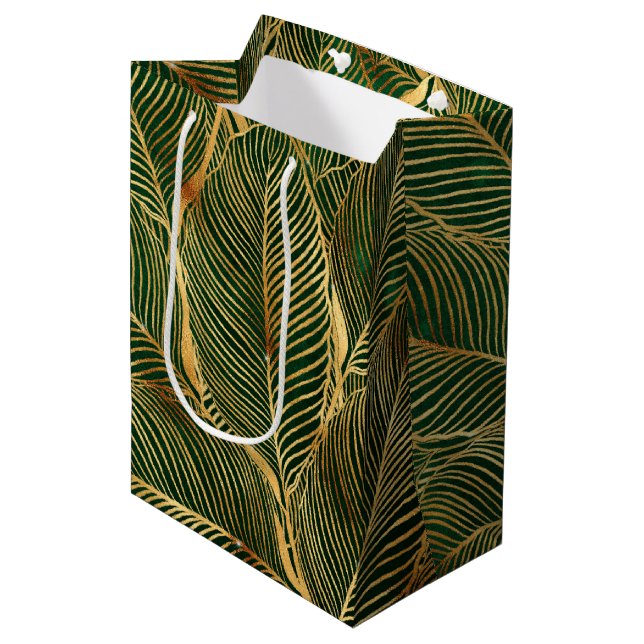 Sac Cadeau Moyen Feuille d'or Forêt verte Élégant Motif (Devant Angle)