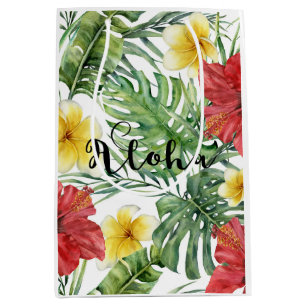 Sac Cadeau Moyen Feuille et fleurs botaniques tropicaux floraux