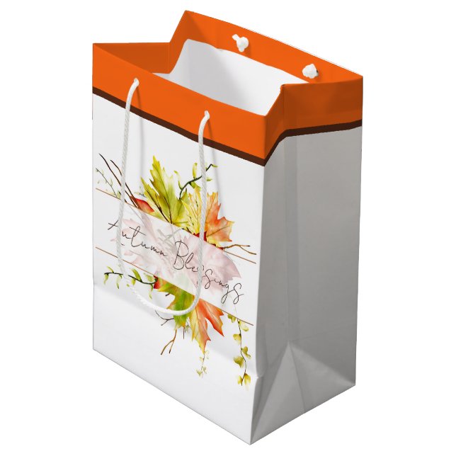 Sac Cadeau Moyen Feuilles d'érable d'automne avec texte personnalis (Devant Angle)