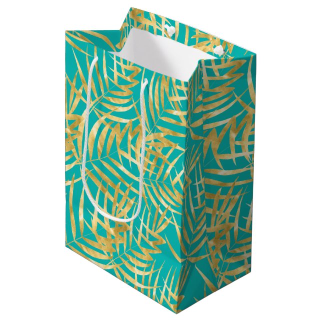 Sac Cadeau Moyen Feuilles Gold Palm sur Turquoise (Devant Angle)