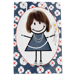 Sac Cadeau Moyen Figure de bâton fille sur Denim et marguerites