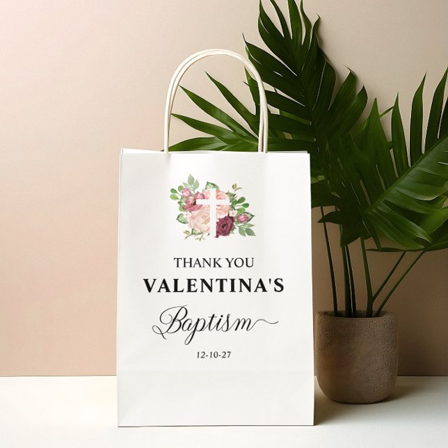 Sac Cadeau Moyen Fille Baptême Florale Rose (Créateur téléchargé)