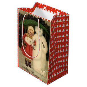 Sac Cadeau Moyen Fille en manteau rouge avec Snowman, Noël blanc