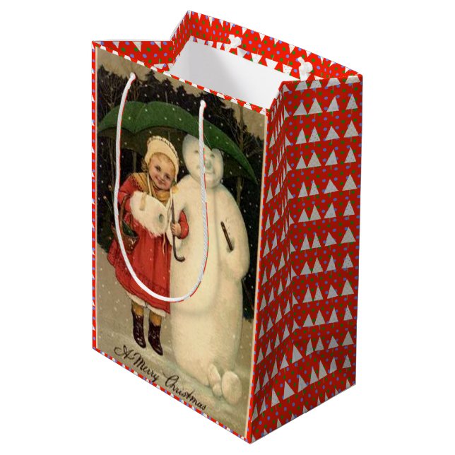 Sac Cadeau Moyen Fille en manteau rouge avec Snowman, Noël blanc (Dos Angle)