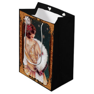 Sac Cadeau Moyen Fille Flamme de Noël en robe dorée