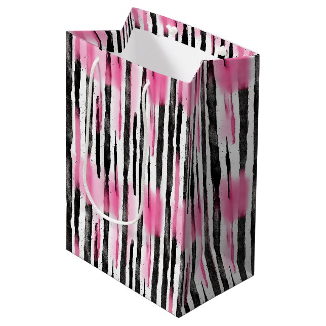 Sac Cadeau Moyen Fille rose blanc noir Zèbre rayures (Devant Angle)