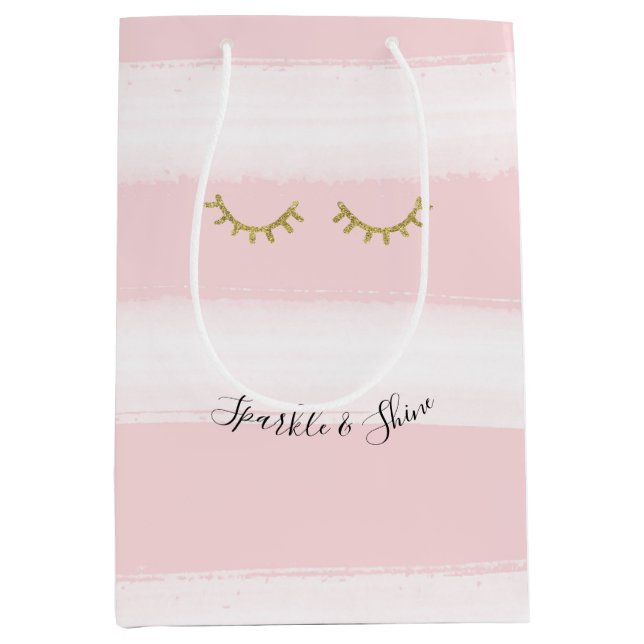 Sac Cadeau Moyen Fille rose rayures Parties scintillant or Eyelashe (Devant)