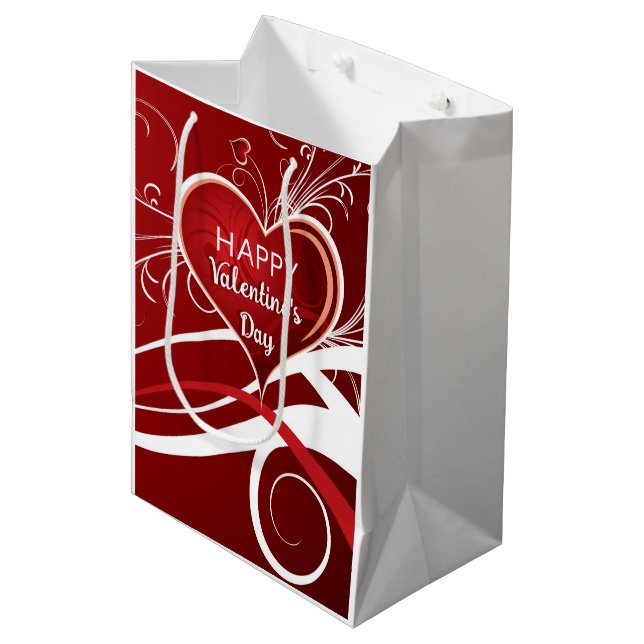 Sac Cadeau Moyen Fille Rouge & Blanc Coeur Abstrait Et Fleurs Flora (Devant Angle)