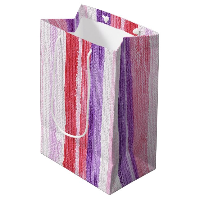 Sac Cadeau Moyen Fille violet rose rose rouge rayures Noël (Devant Angle)