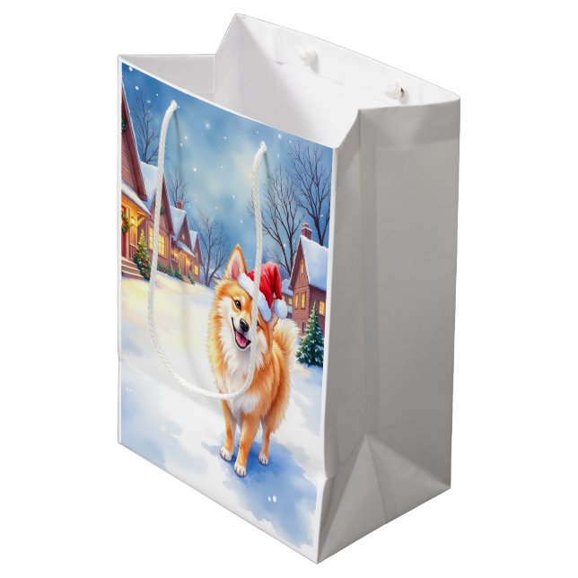 Sac Cadeau Moyen Finnish Lapphund Snowy Village Santa Hat Christmas (Devant Angle)
