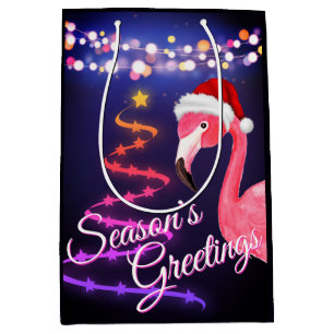 Sac Cadeau Moyen Flamant rose rose Festive Tropical Beach Noël