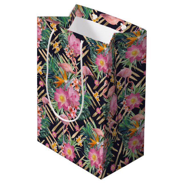 Sac Cadeau Moyen flamants et strokies tropicaux à fleurs et or (Dos Angle)