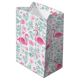 Sac Cadeau Moyen Flamants roses et feuilles tropicaux