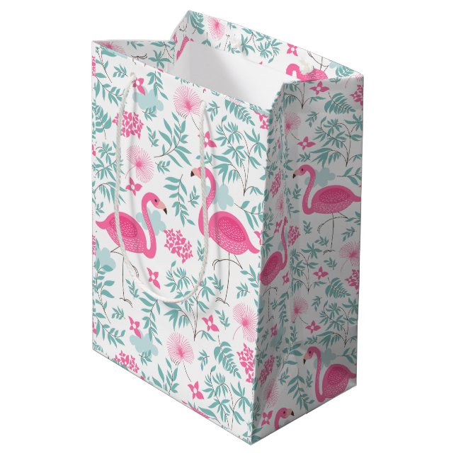 Sac Cadeau Moyen Flamants roses et feuilles tropicaux (Dos Angle)