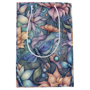 Sac Cadeau Moyen Fleur Damassé Bleu Or