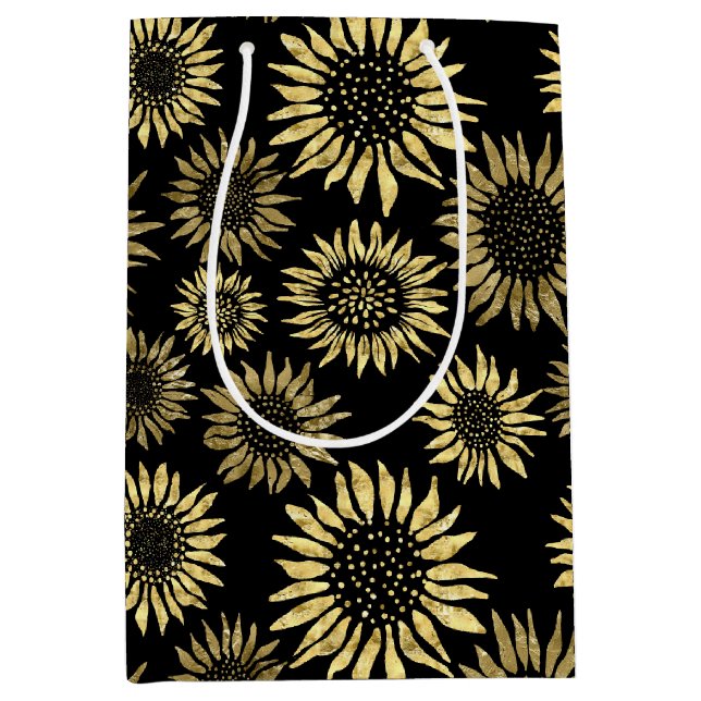 Sac Cadeau Moyen Fleur de soleil de fleurs d'or noir (Devant)