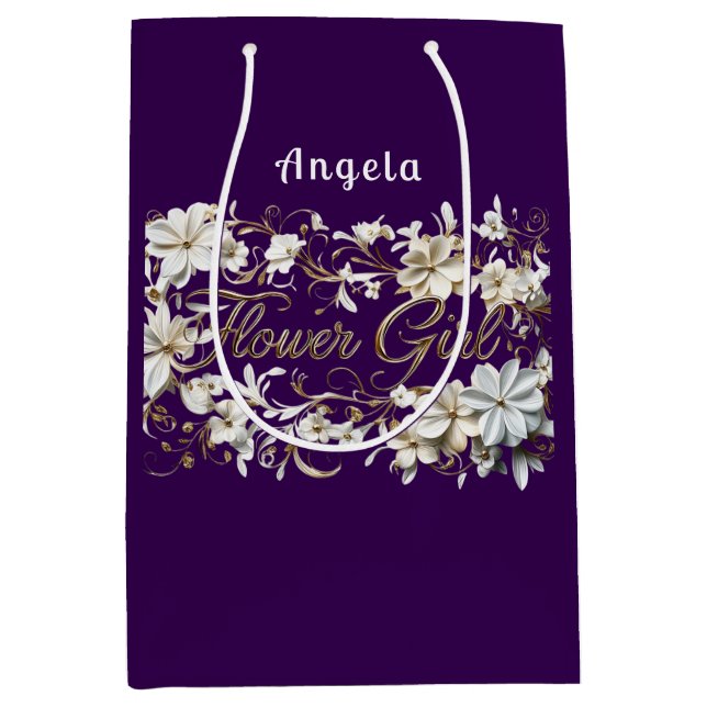 Sac Cadeau Moyen Fleur fille blanche violet or (Devant)