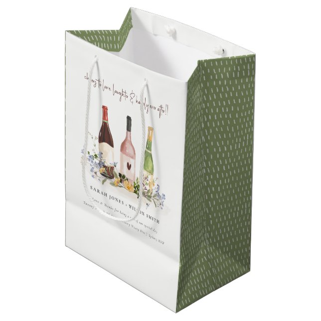 Sac Cadeau Moyen Fleur sauvage Cheers to Love Wine Bottts Mariage (Devant Angle)