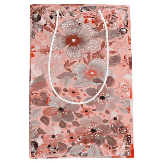 Sac Cadeau Moyen Fleurs blanches et violettes sur un Motif rose (Devant)